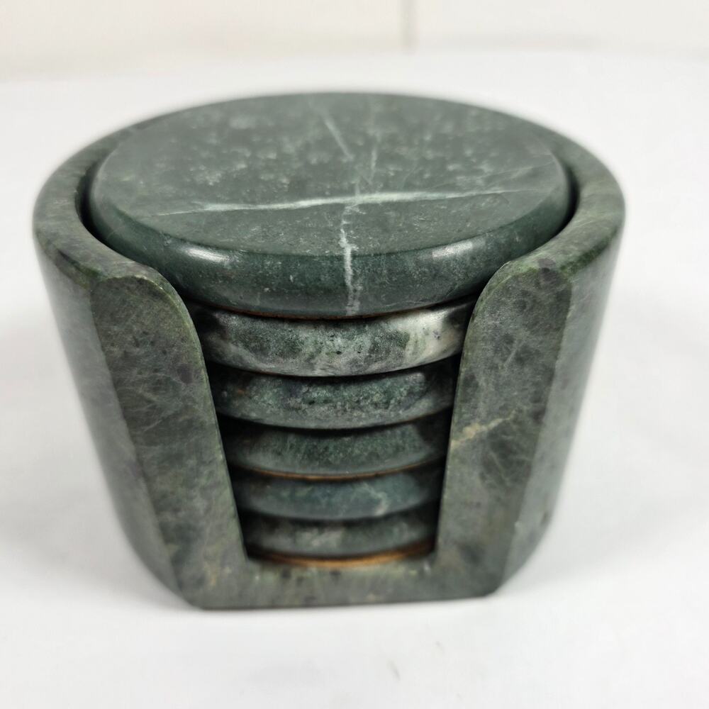 Vintage Studio Nova Green Jade Marble Coasters & Holder Set of 6 Cork Bottom